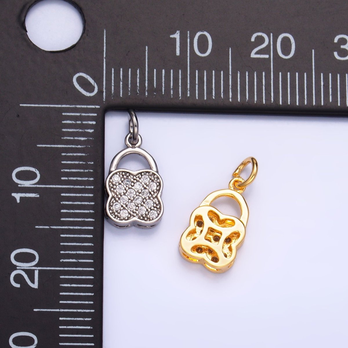 24K Gold Filled 11.5mm Micro Paved CZ Quatrefoil Padlock Charm in Gold &amp; Silver | W870