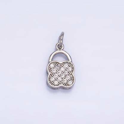 24K Gold Filled 11.5mm Micro Paved CZ Quatrefoil Padlock Charm in Gold &amp; Silver | W870