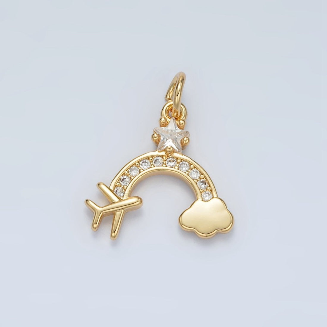 24K Gold Filled Mini Airplane Rainbow Cloud Star CZ Micro Paved Charm | AG854