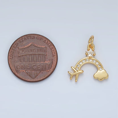 24K Gold Filled Mini Airplane Rainbow Cloud Star CZ Micro Paved Charm | AG854