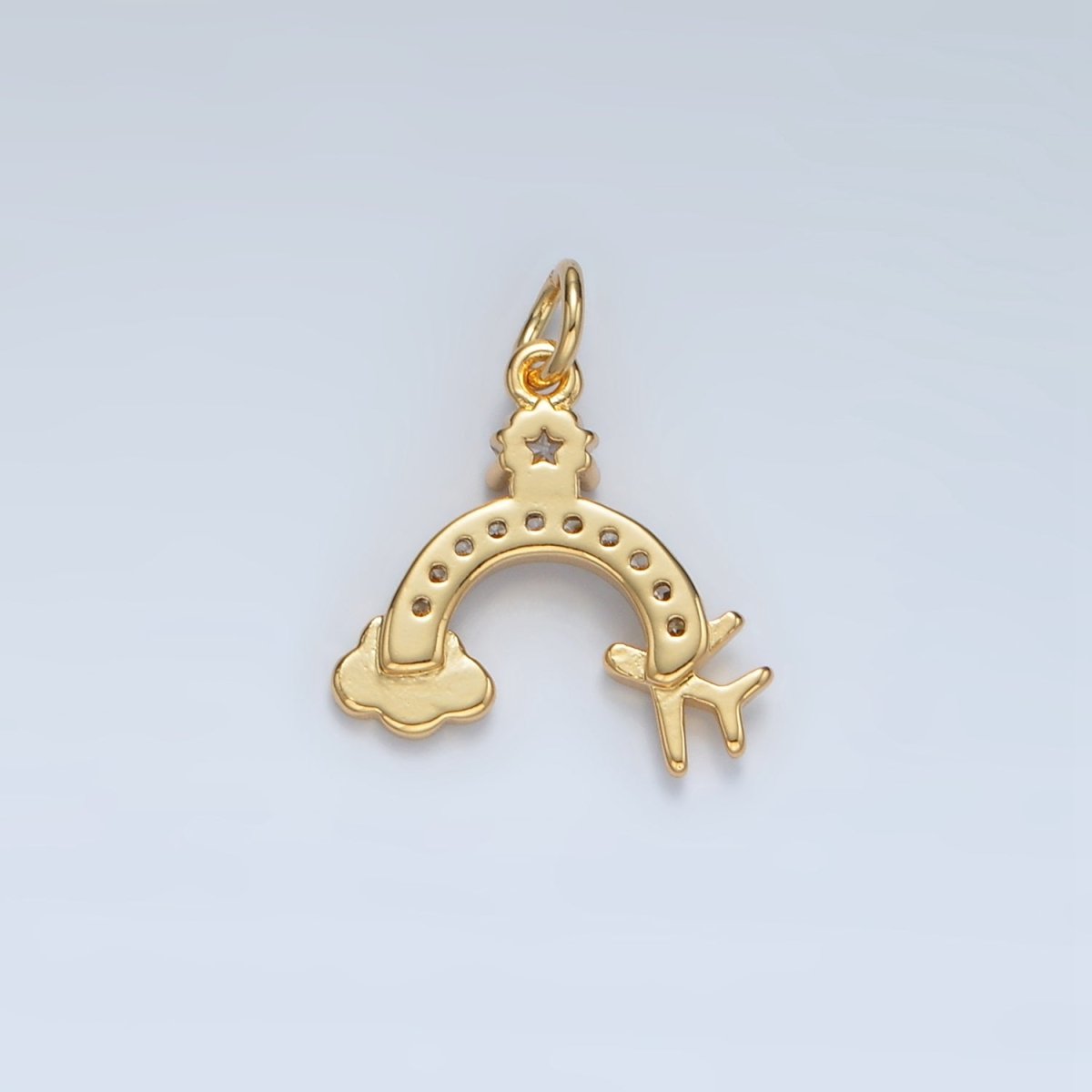 24K Gold Filled Mini Airplane Rainbow Cloud Star CZ Micro Paved Charm | AG854