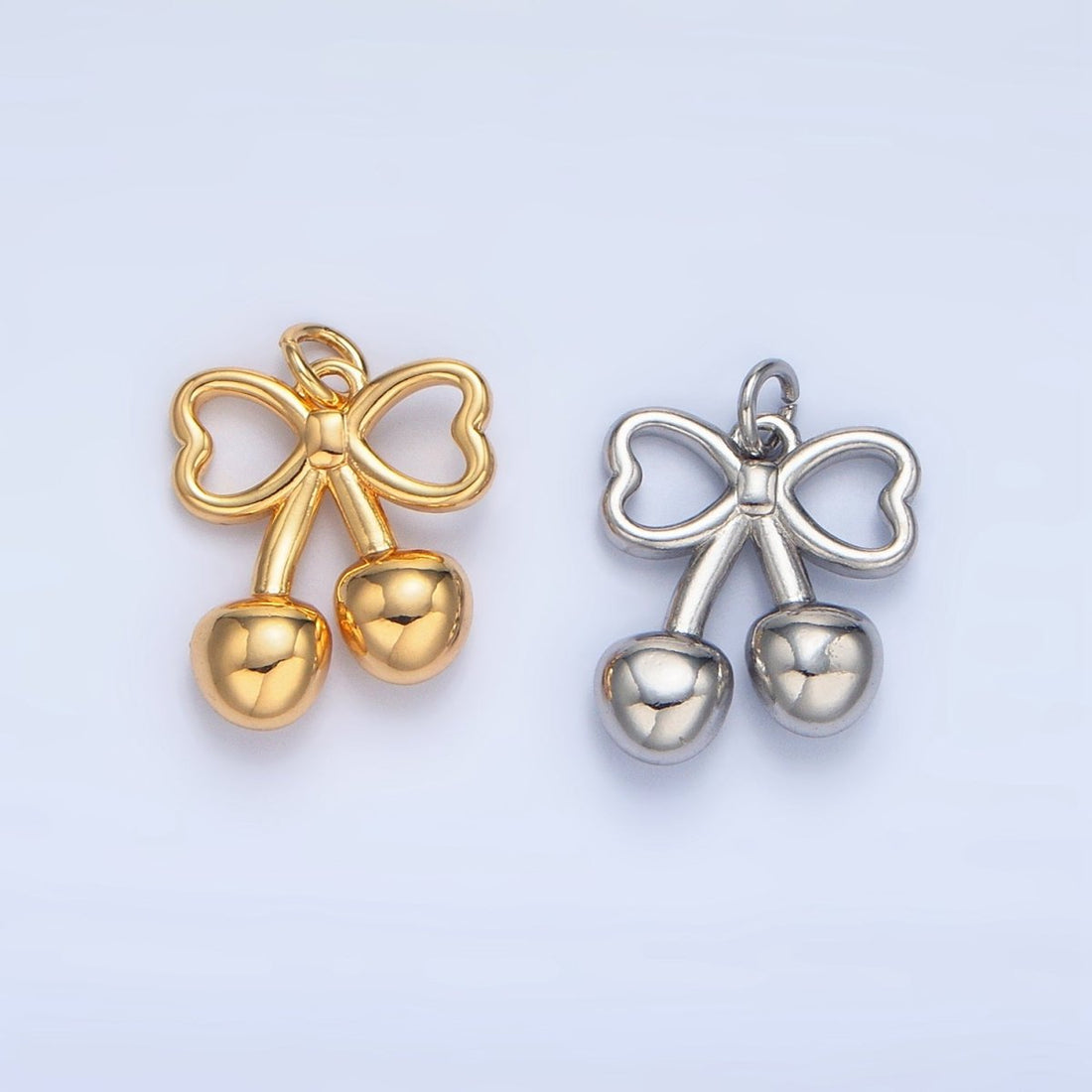 24K Gold Filled Mini Cherry Bow Ribbon Multidimensional Charm in Gold &amp; Silver | N1345
