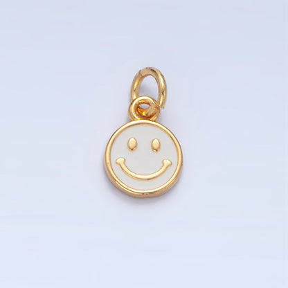 24K Gold Filled Mini Smiley Face White Enamel Round Bezel Charm | X828