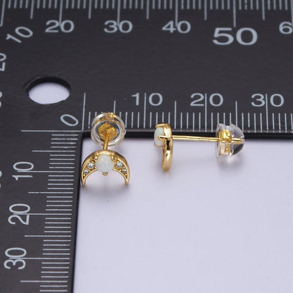 24K Gold Filled Mini White Opal Micro Paved CZ Crescent Moon Stud Earrings | AD-225