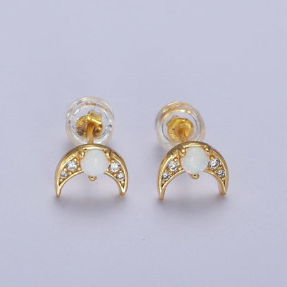 24K Gold Filled Mini White Opal Micro Paved CZ Crescent Moon Stud Earrings | AD-225