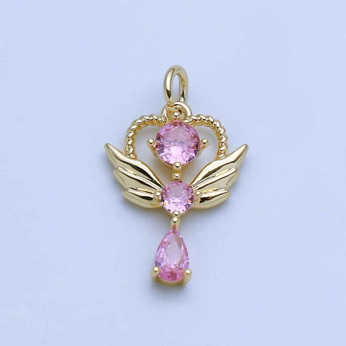 24K Gold Filled Clear, Pink CZ Angel Wing Wand Charm in Gold &amp; Silver | AJ375 AJ376