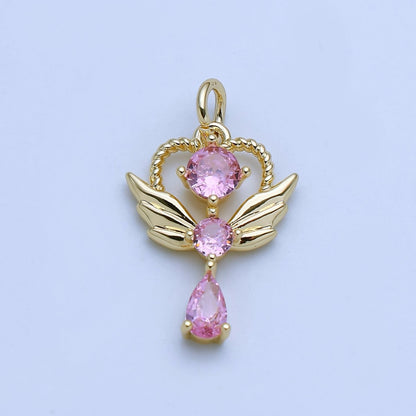 24K Gold Filled Clear, Pink CZ Angel Wing Wand Charm in Gold &amp; Silver | AJ375 AJ376