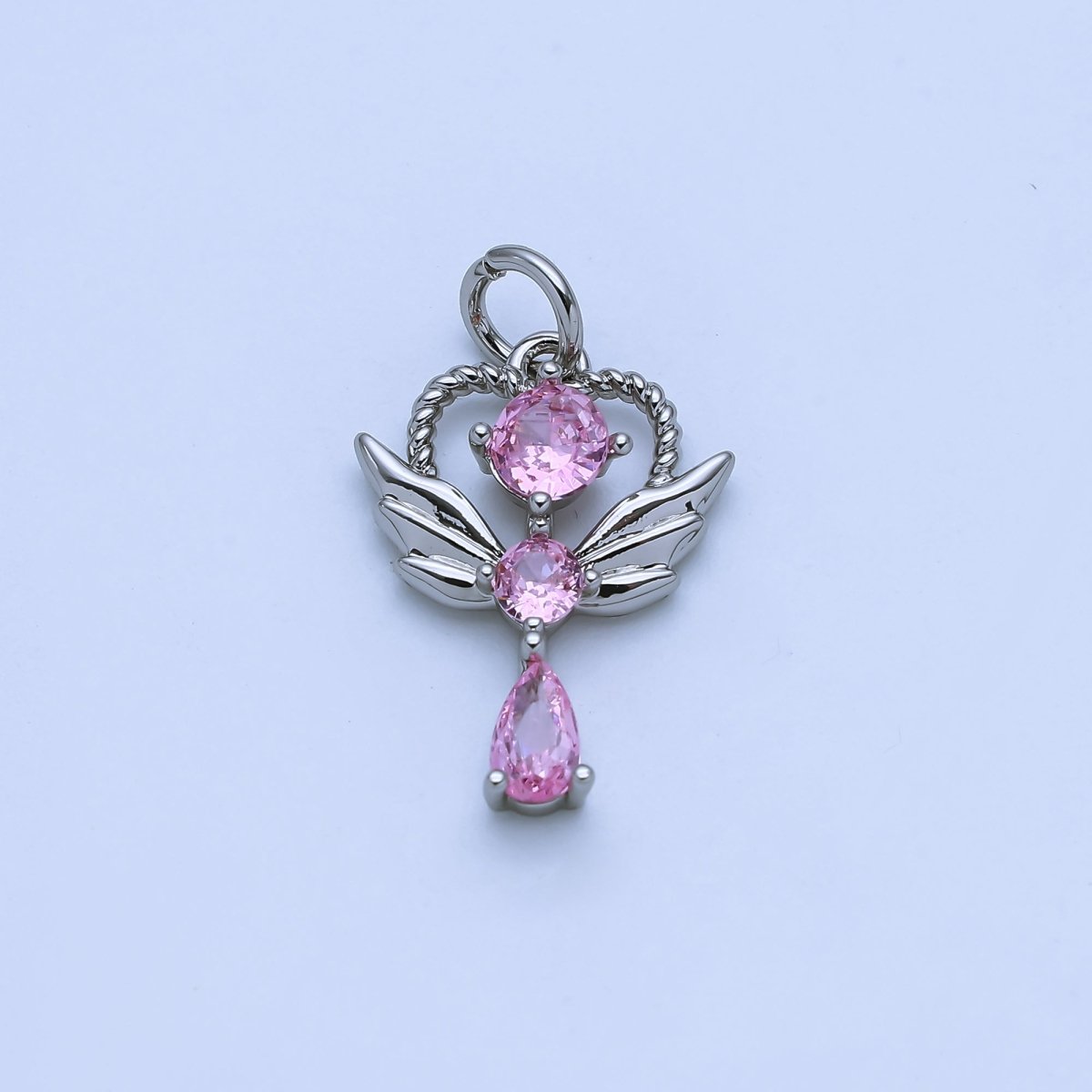 24K Gold Filled Clear, Pink CZ Angel Wing Wand Charm in Gold &amp; Silver | AJ375 AJ376