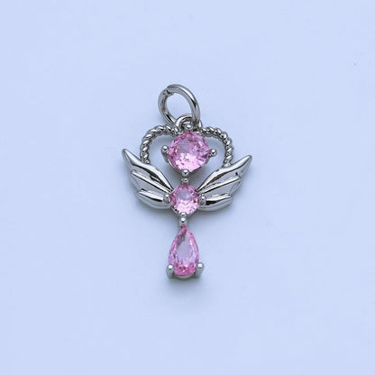 24K Gold Filled Clear, Pink CZ Angel Wing Wand Charm in Gold &amp; Silver | AJ375 AJ376