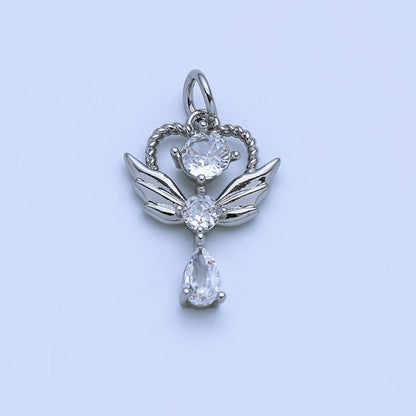 24K Gold Filled Clear, Pink CZ Angel Wing Wand Charm in Gold &amp; Silver | AJ375 AJ376