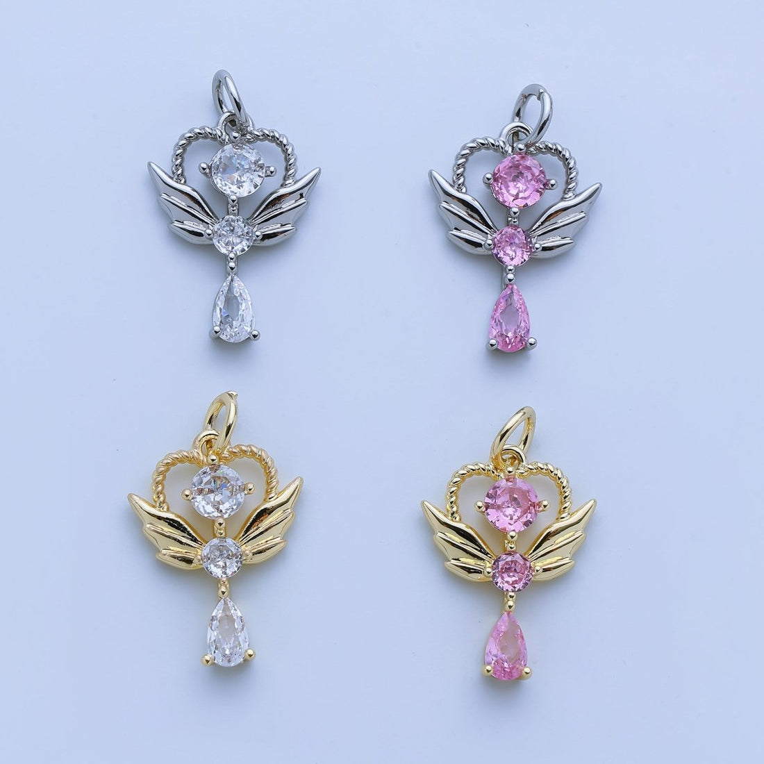 24K Gold Filled Clear, Pink CZ Angel Wing Wand Charm in Gold &amp; Silver | AJ375 AJ376