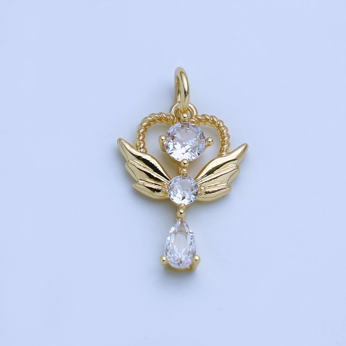 24K Gold Filled Clear, Pink CZ Angel Wing Wand Charm in Gold &amp; Silver | AJ375 AJ376