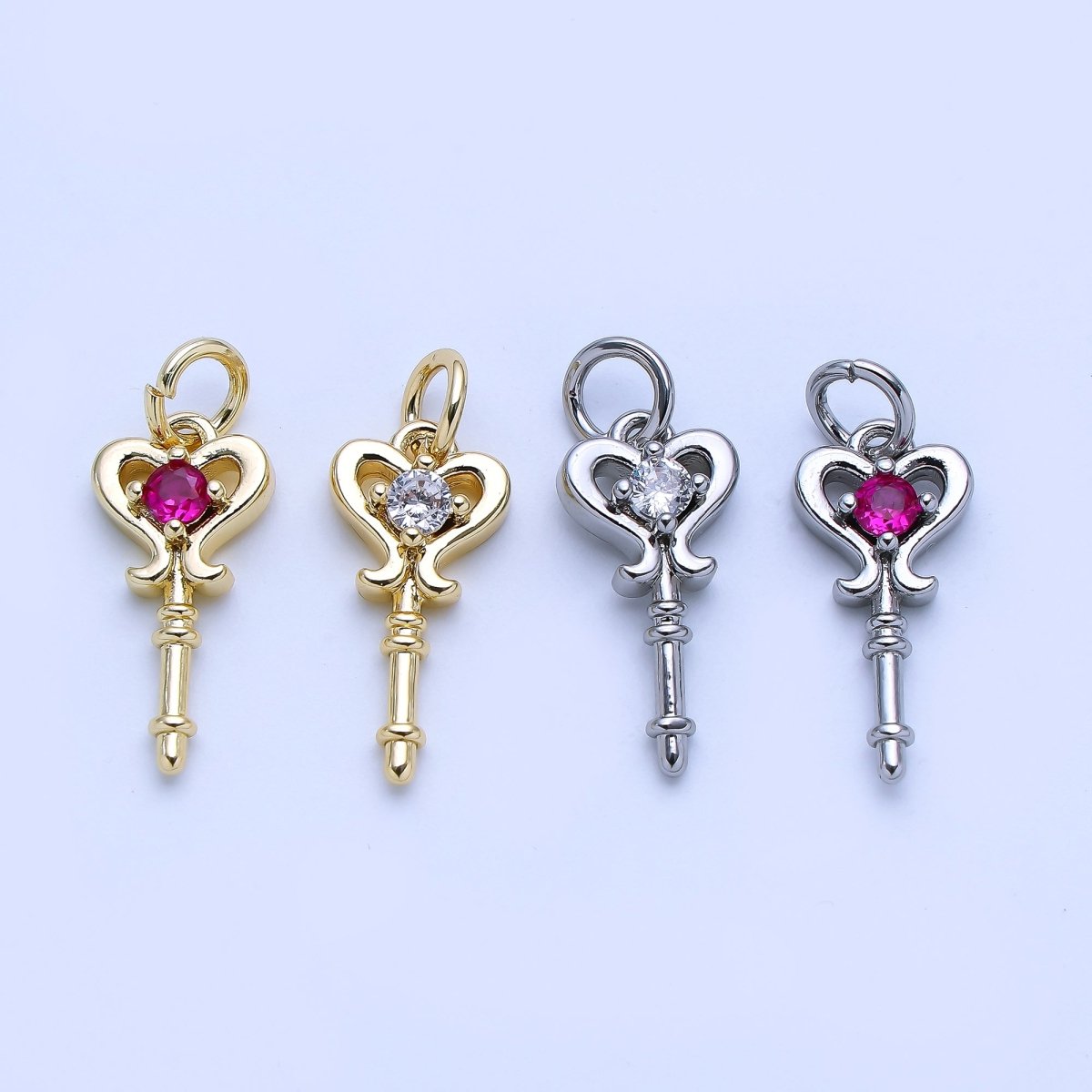 24K Gold Filled Clear, Pink CZ Key Lock Charm in Gold &amp; Silver | AJ377 AJ468