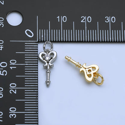 24K Gold Filled Clear, Pink CZ Key Lock Charm in Gold &amp; Silver | AJ377 AJ468
