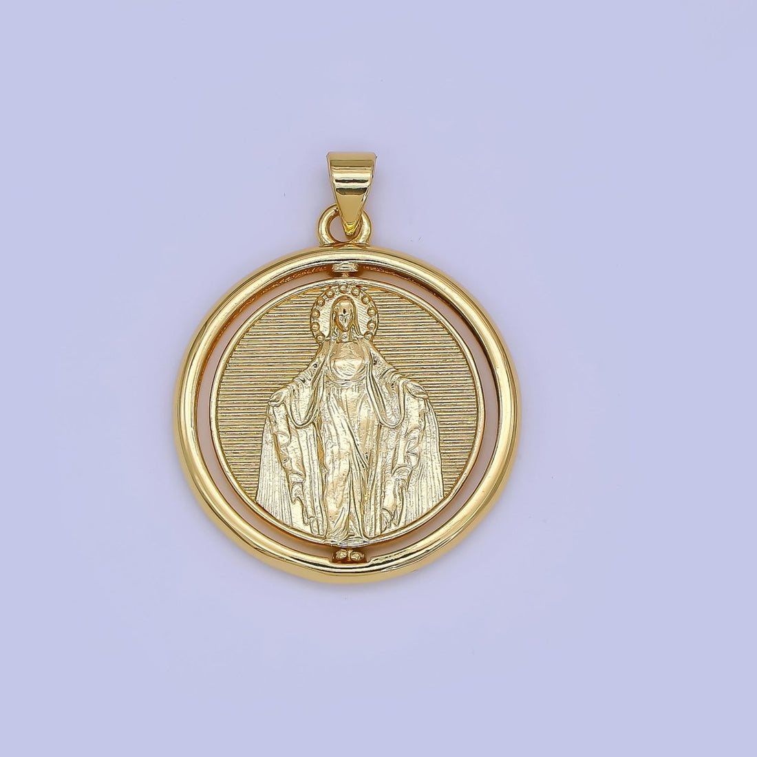 24K Gold Filled Miraculous Guadalupe Mary Religious Figure Ribbed Round Pendant | AH453