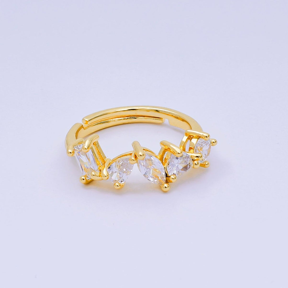 24K Gold Filled Mixed-Cut CZ Marquise Simple Round Adjustable Ring | O-1453