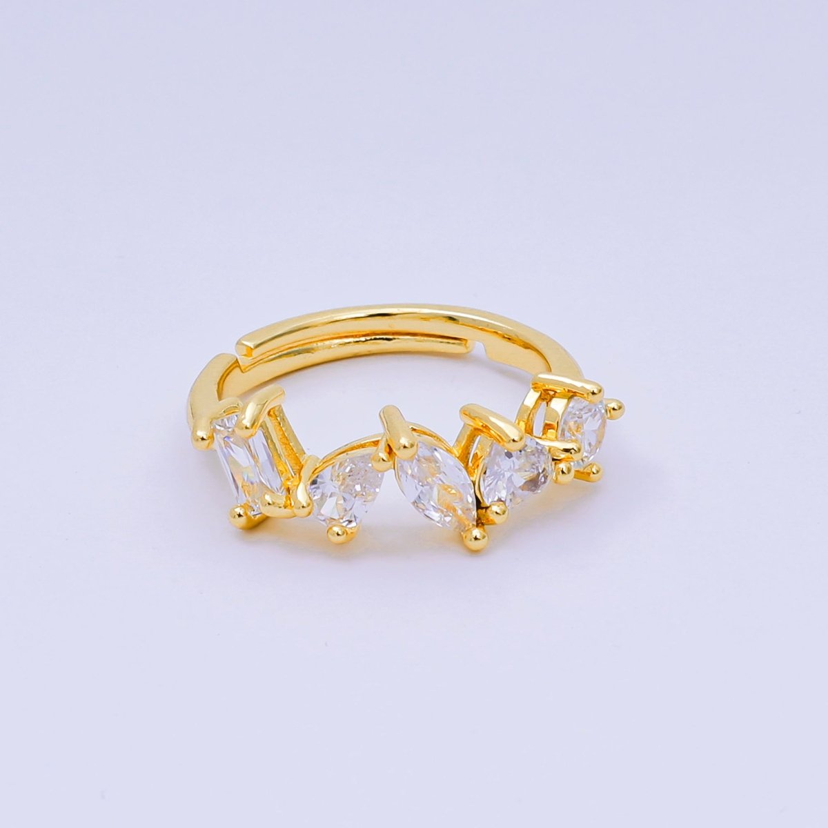 24K Gold Filled Mixed-Cut CZ Marquise Simple Round Adjustable Ring | O-1453