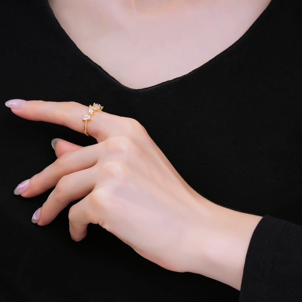 24K Gold Filled Mixed-Cut CZ Marquise Simple Round Adjustable Ring | O-1453