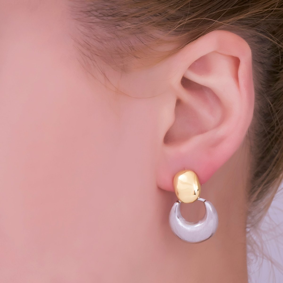 24K Gold Filled Mixed Metal Chubby Door Knocker Drop Stud Earrings | AB885
