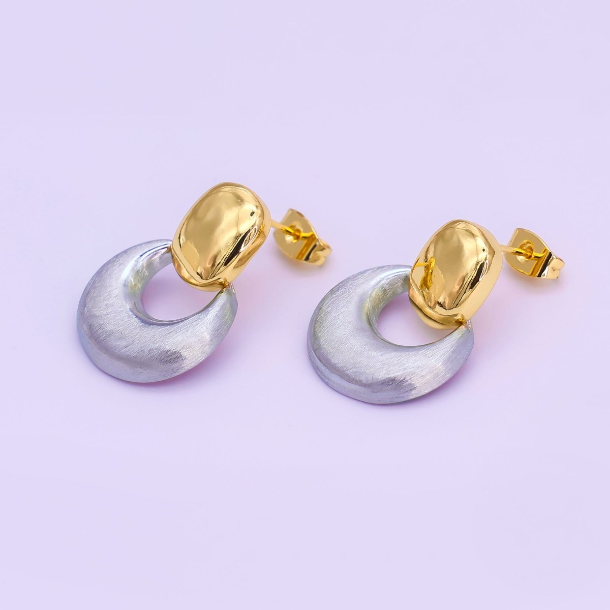 24K Gold Filled Mixed Metal Chubby Door Knocker Drop Stud Earrings | AB885