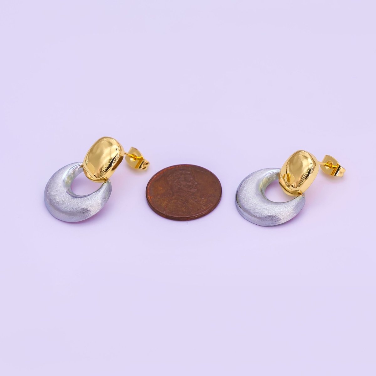 24K Gold Filled Mixed Metal Chubby Door Knocker Drop Stud Earrings | AB885