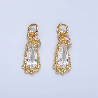 24K Gold Filled Molten Clear, Pink CZ Cluster Teardrop Charm | X931 X932