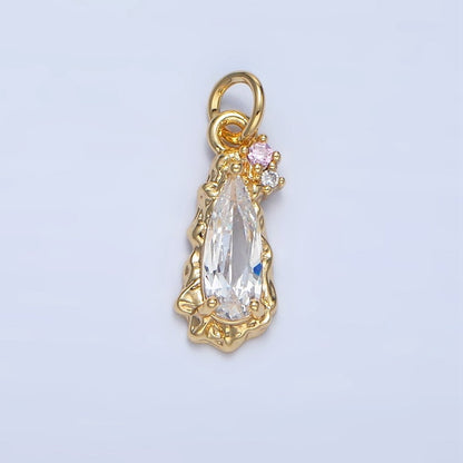 24K Gold Filled Molten Clear, Pink CZ Cluster Teardrop Charm | X931 X932