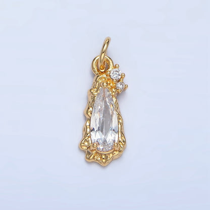 24K Gold Filled Molten Clear, Pink CZ Cluster Teardrop Charm | X931 X932