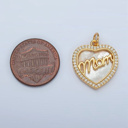 24K Gold Filled "MOM" Script Shell Pearl Micro Paved CZ Heart Charm | AG858