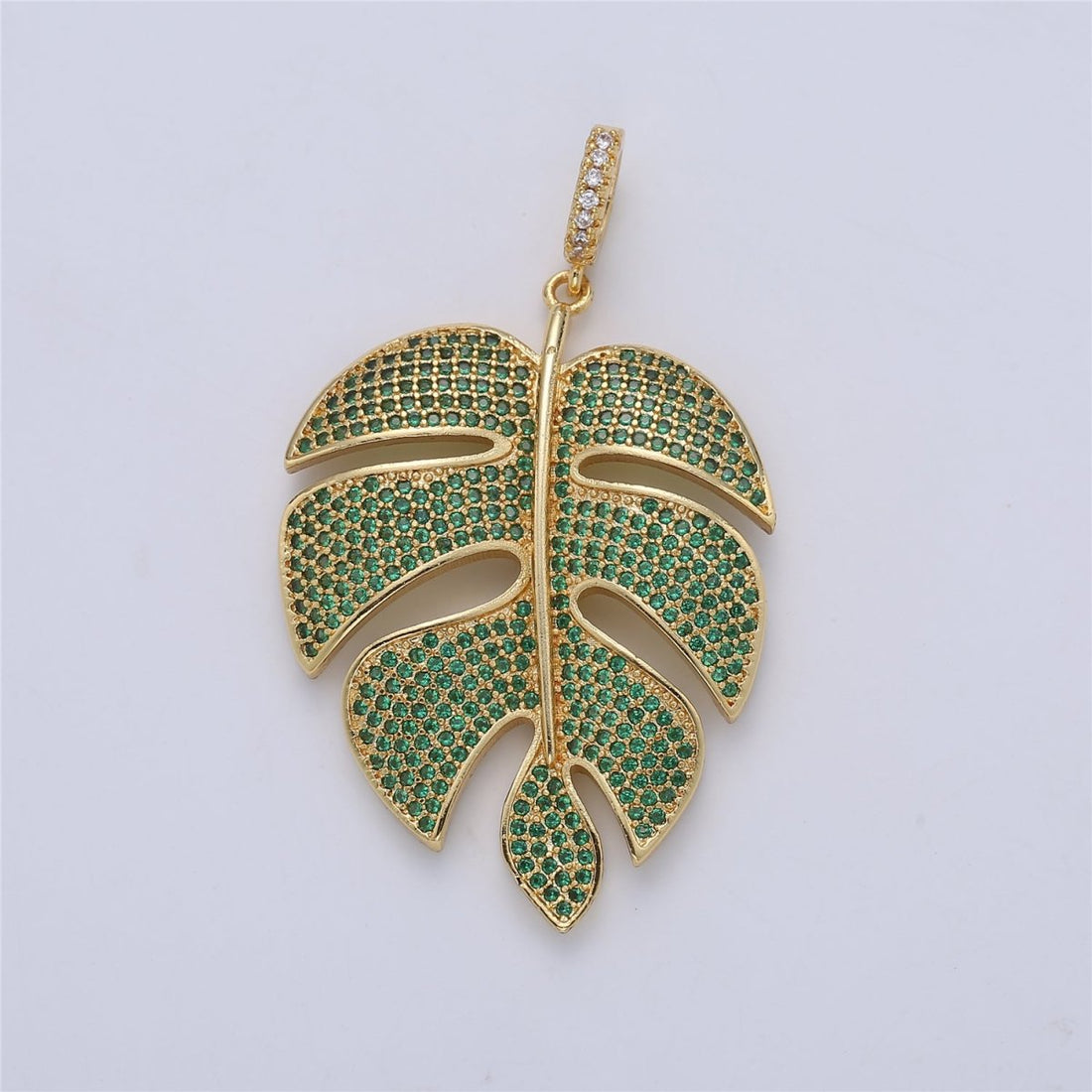 24K Gold Filled Monstera Palm Leaf Green Mircro Paved CZ Pendant  I-165