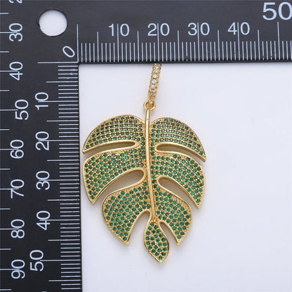 24K Gold Filled Monstera Palm Leaf Green Mircro Paved CZ Pendant  I-165