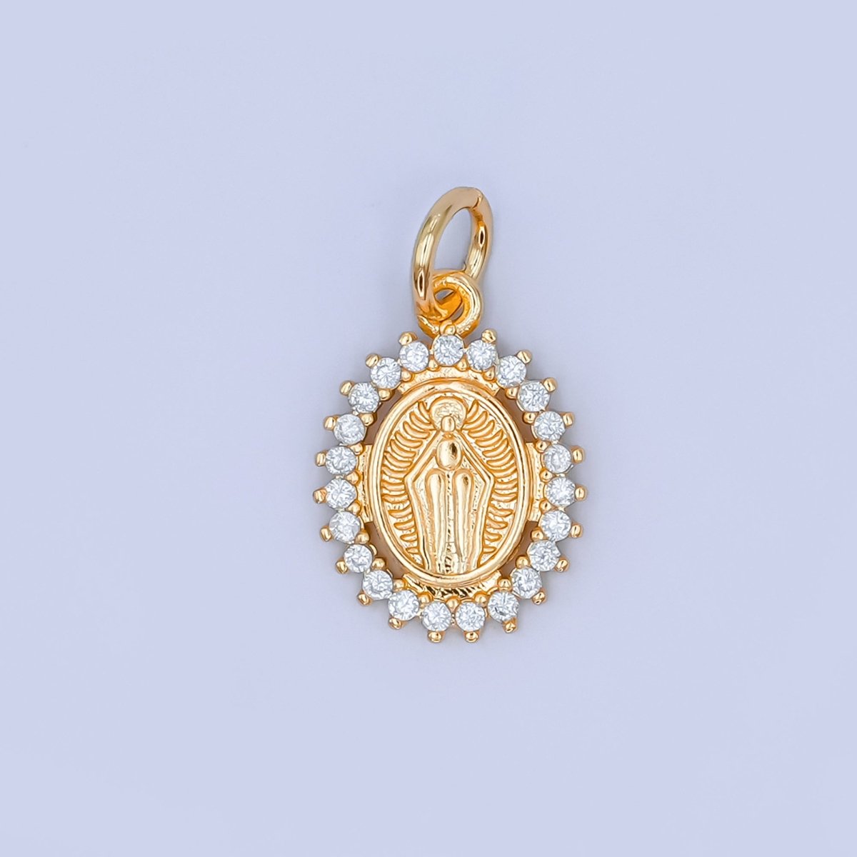 24K Gold Filled Mother Mary Micro Paved CZ Oval Mini Charm | M804
