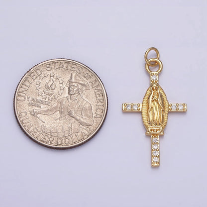 24K Gold Filled Mother Mary Micro Paved CZ Religious Cross Charm | AC1134