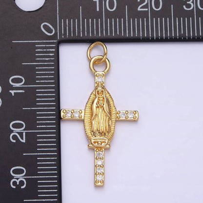 24K Gold Filled Mother Mary Micro Paved CZ Religious Cross Charm | AC1134
