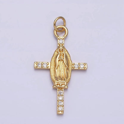24K Gold Filled Mother Mary Micro Paved CZ Religious Cross Charm | AC1134