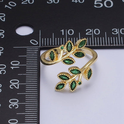 OS 24K Gold Filled Mother Nature Vine Leaves Green Cubic Zirconia Adjustable Open Ring | U-139