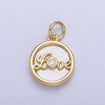 24K Gold Filled Mother of Pearl Love Script Round Coin Charm  AG-074