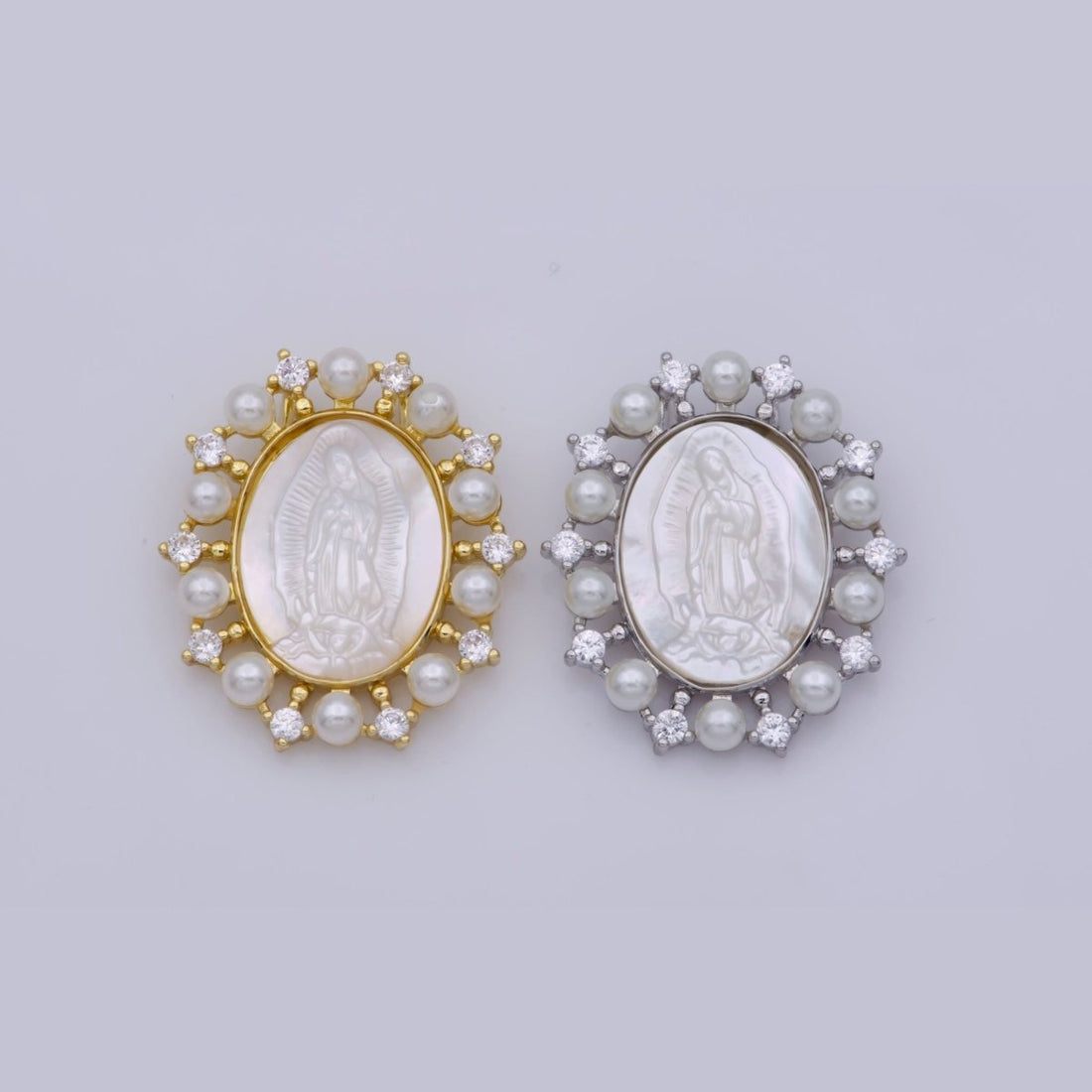 24K Gold Filled Mother of Pearl Virgin Mary Lady Guadalupe Oval Charm in Gold &amp; Silver | M-919 M-920