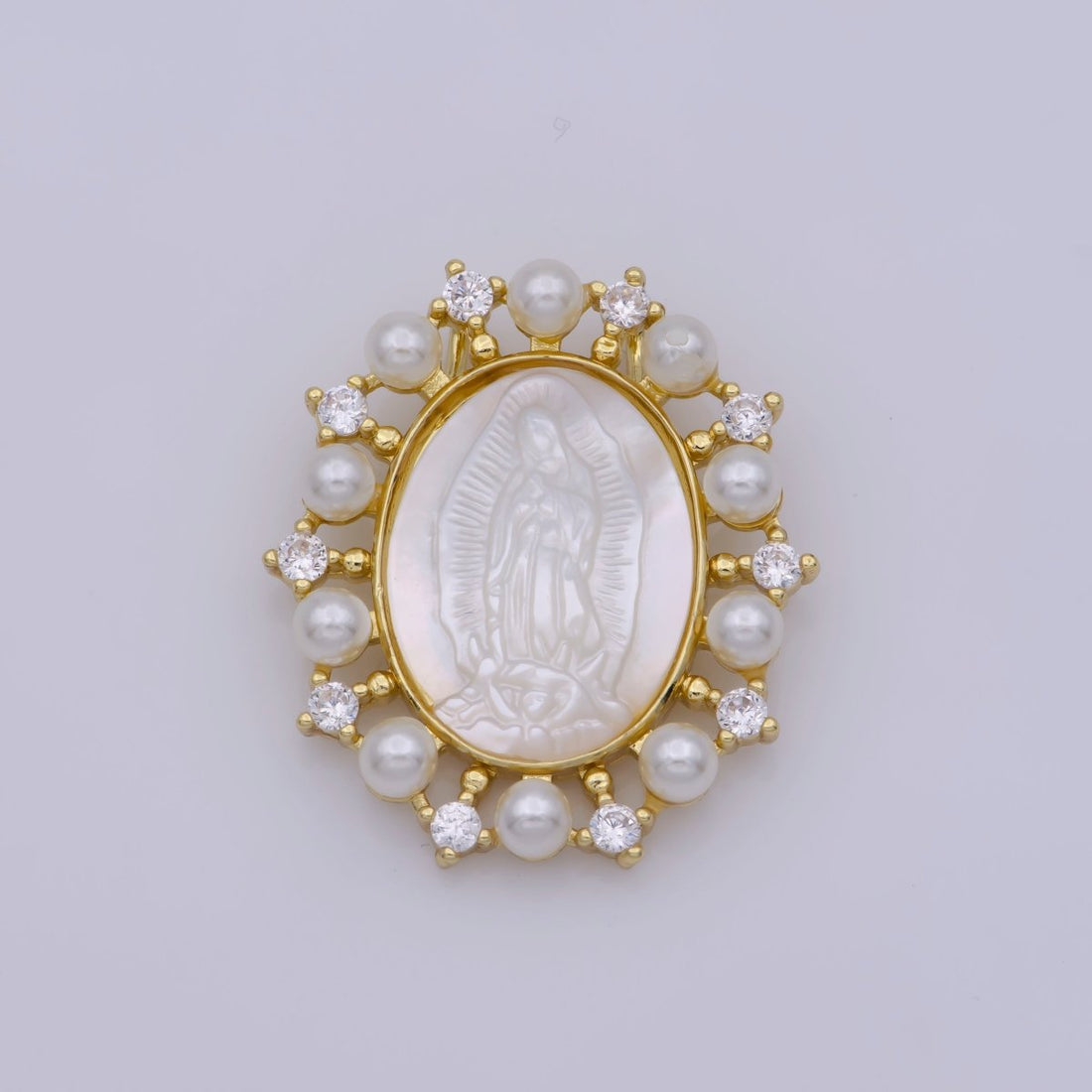 24K Gold Filled Mother of Pearl Virgin Mary Lady Guadalupe Oval Charm in Gold &amp; Silver | M-919 M-920