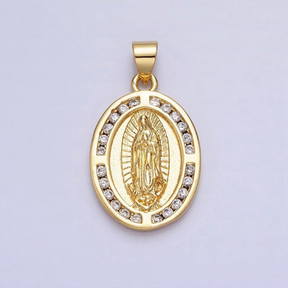 24K Gold Filled Mother Virgin Mary Guadalupe CZ Lined Oval Religious Pendant | AA234