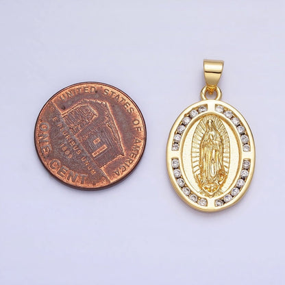 24K Gold Filled Mother Virgin Mary Guadalupe CZ Lined Oval Religious Pendant | AA234