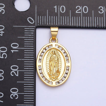 24K Gold Filled Mother Virgin Mary Guadalupe CZ Lined Oval Religious Pendant | AA234
