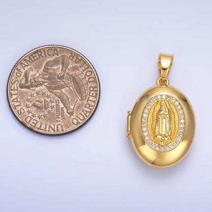 24K Gold Filled Mother Virgin Mary Micro Paved CZ Oval Locket Pendant | AA1086