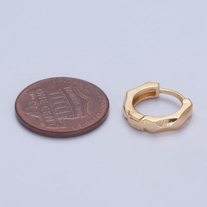 24K Gold Filled Multi Faceted Huggie, 13x14mm Geometric Hammered Hoops Earrings P-337