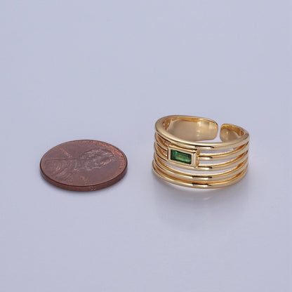 24K Gold Filled Multiband Signet Ring with Emerald Green Baguette CZ Cubic Zirconia O-2284