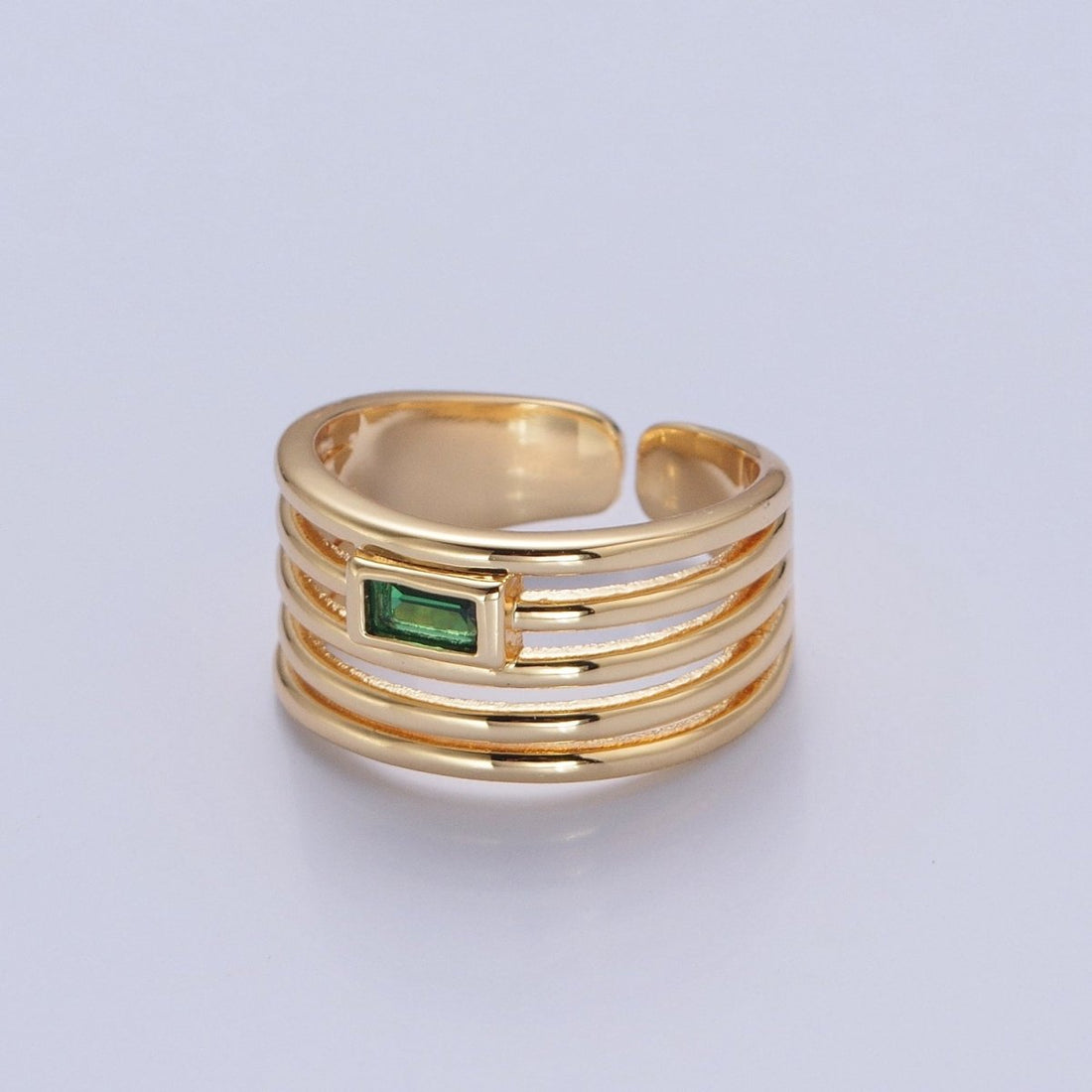 24K Gold Filled Multiband Signet Ring with Emerald Green Baguette CZ Cubic Zirconia O-2284