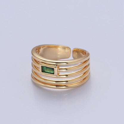 24K Gold Filled Multiband Signet Ring with Emerald Green Baguette CZ Cubic Zirconia O-2284