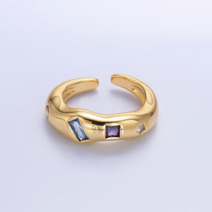 24K Gold Filled Multicolor Baguette CZ Geometric Molten Band Ring in Silver &amp; Gold | O756 O761