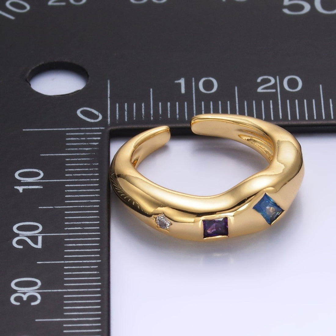24K Gold Filled Multicolor Baguette CZ Geometric Molten Band Ring in Silver &amp; Gold | O756 O761