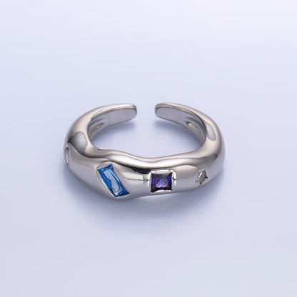 24K Gold Filled Multicolor Baguette CZ Geometric Molten Band Ring in Silver &amp; Gold | O756 O761